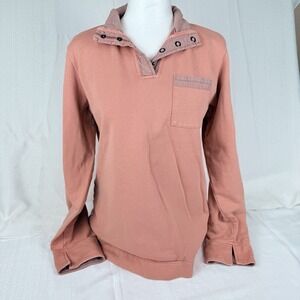 Orvis Women M 1/4 Snap Pullover Collared Sweater Long Sleeve Salmon Pink Pocket